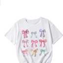 RoseSeek Girl's Bow Graphic Tees Crew Neck Short Sleeve Summer T Shirts Preppy Cute Clothes for Girls White with Bow 12Y