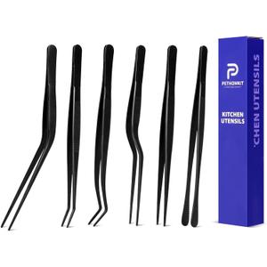 Kitchen Tweezer Tongs Set,6 Pcs Kitchen Tweezers,6.3" Cooking Tweezers Set,Stainless-Steel Food Chef Culinary Tweezers Tongs for Baking Decorating Feeding Plating,Black