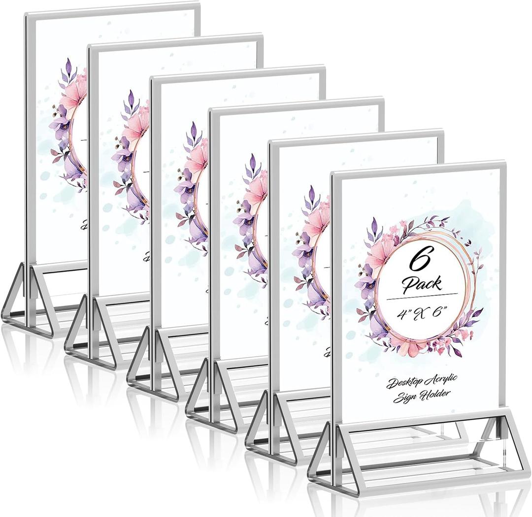 Clear Acrylic Sign Holder 4X6 with Silver Borders Display Stand, Double Sided Acrylic Picture Frames Plastic Sign Holder for Wedding Table Numbers Menu Holder (6 Pack) Clear Acrylic Sign Holder 4X6 with Silver Borders Display Stand, Double Sided Acrylic Picture Frames Plastic Sign Holder for Wedding Table Numbers Menu Holder (6 Pack)