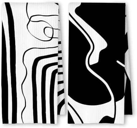 ArtisaEura Abstract Black and White Kitchen Towels Set of 2, Modern Minimalist Wavy Line Art Dish Tea Towels for Kitchen, Contemporary Decor Hand Towels for Bathroom, 16x24 Inches