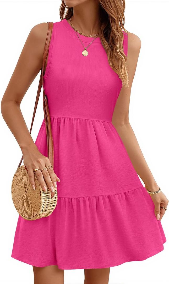 LUXVEER Women's Sleeveless Summer Mini Dress Tank Flowy Tiered Short A Line Sundresses Beach Vacation Dresses with Pockets (Pink, L)