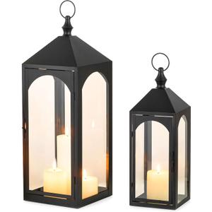 Large Outdoor Lanterns for Porch: 23" & 17" Set of 2 Floor Lantern Decorative Indoor with Glass Candle Holder for Fireplace Patio Modern Home Decor