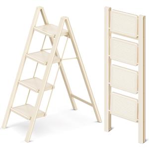 4 Step Ladder Folding Step Stool with Wide Anti-Slip Pedal, 330LBS Capacity, Lightweight Portable Stepladder for Home and Kitchen Use, Cream White