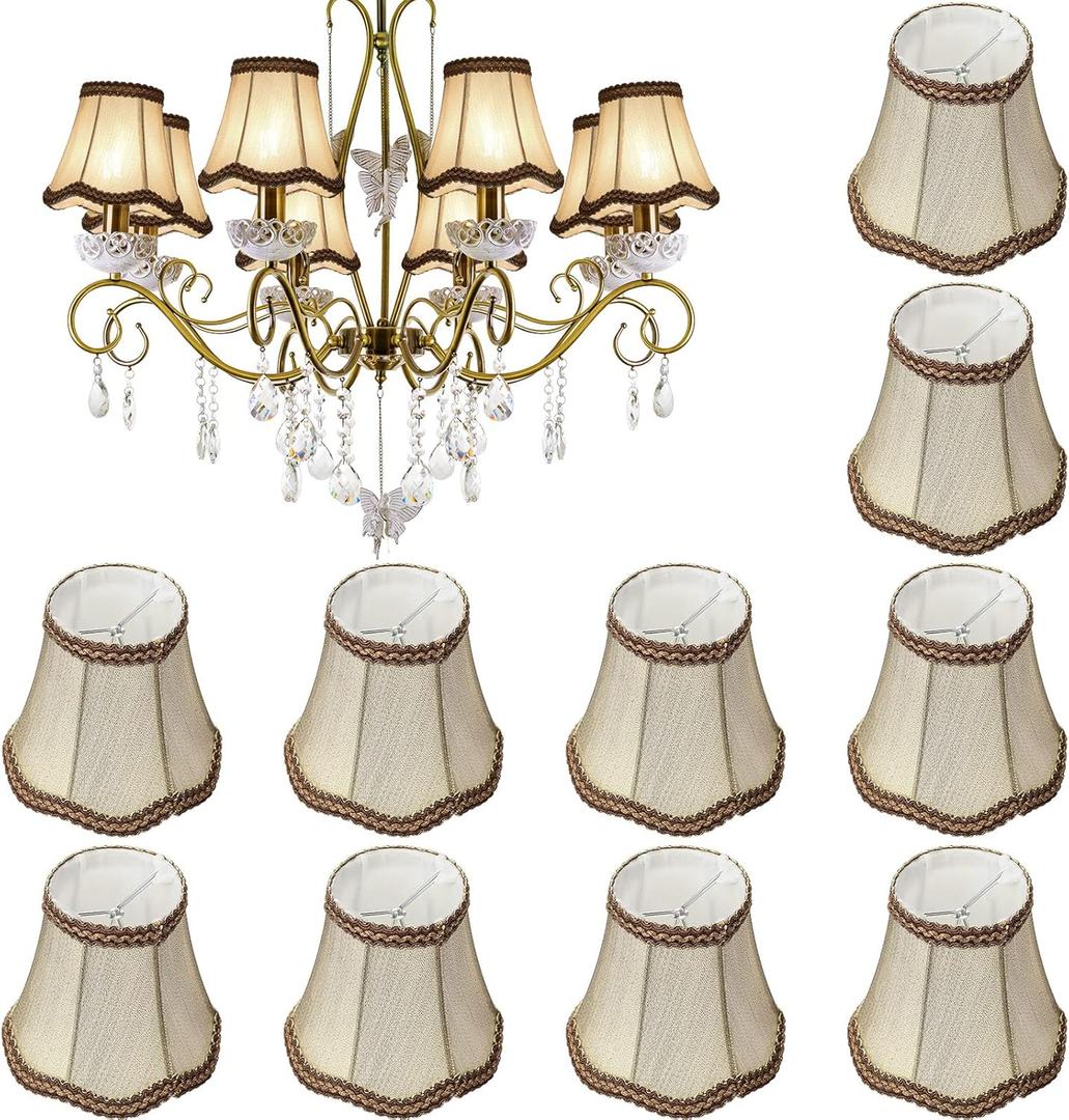 Riakrum 10 Pcs Shades for Chandeliers European Small Lamp Shade Chandelier Clip on Fabric Drum Lamp Mini Rustic Light Cover for Table Candle Wall Light Replacement, 3.1 x 5.5 x 4.7 Inch(Golden)