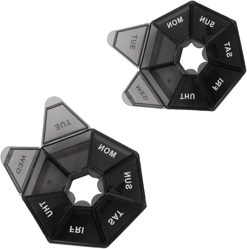 Pill Organizer, 2 PCS Pill Box Black Weekly Pill Organizer Cute Daily Pill Box with Large Compartment for Travel 7 Day Pill Case Pill Container for Medication Vitamin Supplements and Fish Oil