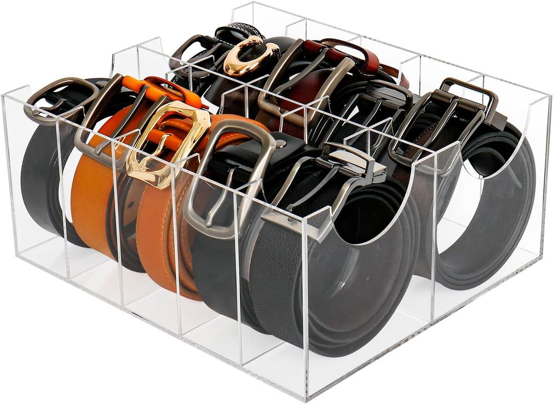 Belt Organizer, Acrylic Belt Storage Holder for Closet and Drawer, 14 Compartments Belt Container for Checkroom, Clear Belt Divider Display Case