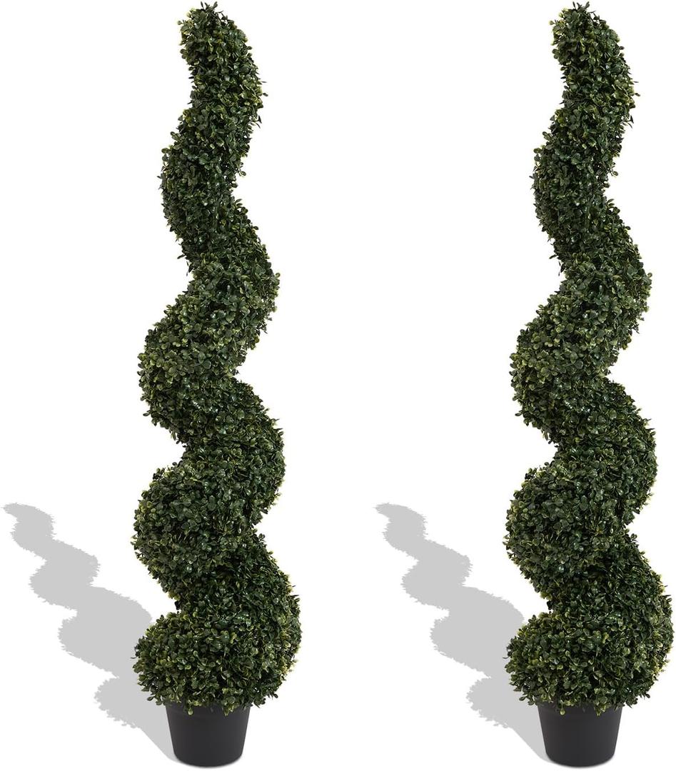 4ft Artificial Spiral Topiary Trees Outdoor Set of 2  Faux Boxwood Bushes Shrubs, Fake Potted Plants for Front Porch Planter Indoor Outside Decor, UV Resistant (4 Foot/48 Inch) (Dark Green)