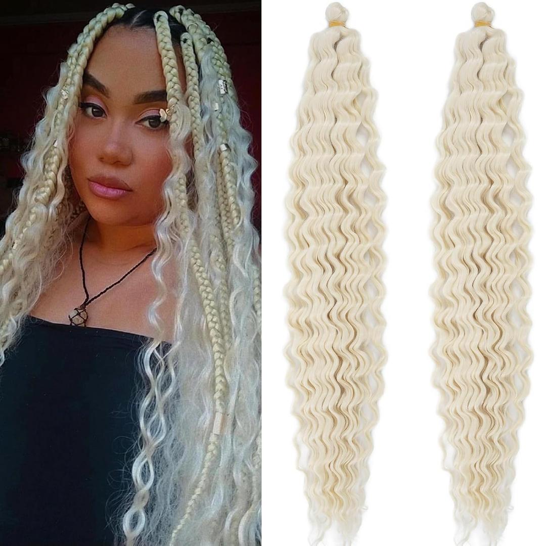 613 Boho Curls Deep Water Wave Crochet Hair Blonde Curly Wavy Braiding Hair Pre Stretched Synthetic Boho Hair for Braiding 24 Inch 2 Packs Bohemian Ocean Wave Braiding Hair for Boho Crochet Braids
