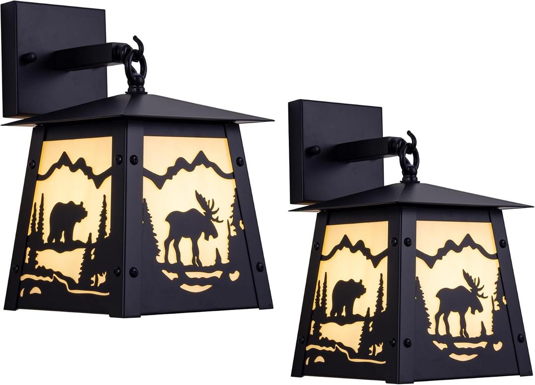 TOCHIC Wall Sconce 2-Pack, Vintage Farmhouse Wall Light Fixtures, Black Outdoor Wall Lamp for Patio with Bear Elk, Rustic Wall Mount Light for Front Door, Bathroom Vanity Light, Porch, Corridor, 7.28 inches x 7.28 inches x 9.64 inches