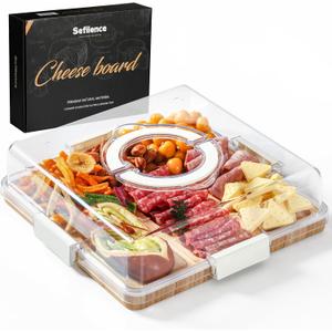 Charcuterie Board with Clear Locking Lid and Handle, 6 Compartment Bamboo Cheese Board Snackle Box, Portable Cutting Board for Snacks, Fruits&Meats, Ideal Gift for Parties, Birthday& House Warming
(12.2" x 12.2" x 3.5")