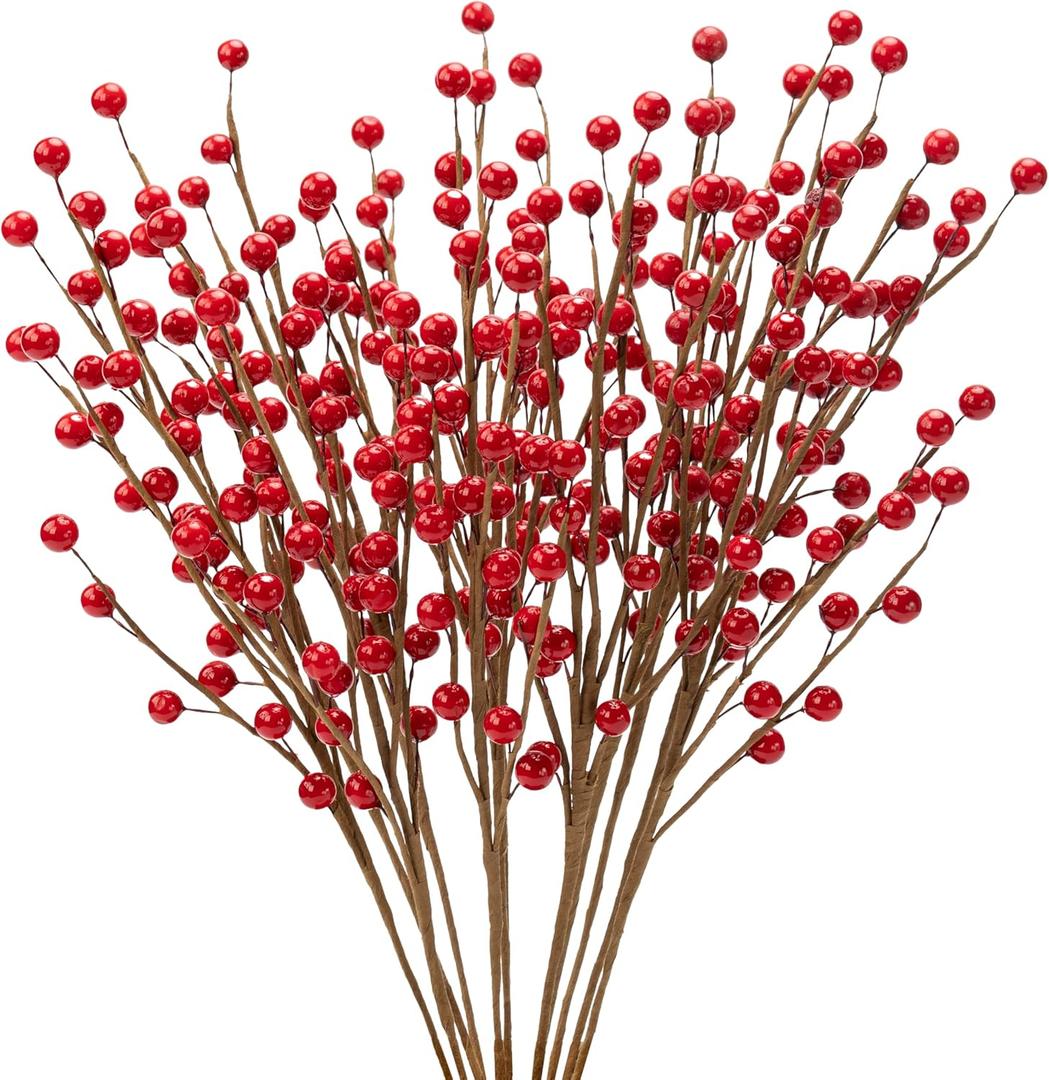 12Pcs Artificial Red Berries Stems, 13.5" Waterproof Burgundy Berry Picks Branches with 25 Berries, Holly Berry Picks for Christmas Tree Decor Wreath Crafts Flowers DIY Garland Candle Rings