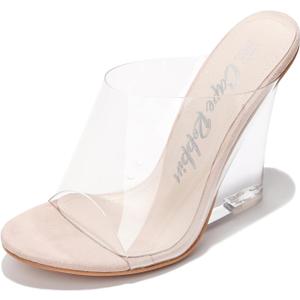 Women's Clear Wedge Heels - 4 Inch Open Toe Chunky Heels with Transparent Upper & Genuine Leather Sole | Slip-On Comfortable Dress Shoes | Fashion Platform Sandals (Lemonade.A) (7, Beige)