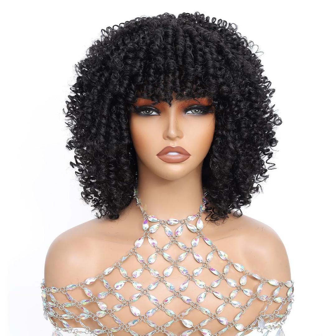 Black Bang Wig Sprial Curly Wig with Bangs, 12 Inch Afro Curly Wigs for Black Women, Glueless Wig for Beginner, Boucy and Chic, 1B, 3C Curls,