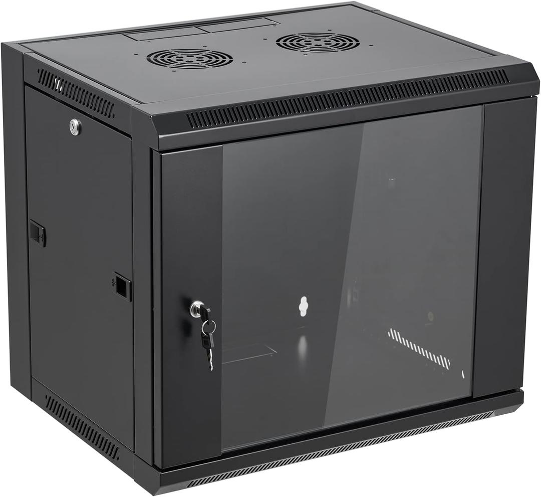 9U Wall Mount Server Cabinet Network Rack Enclosure Locking Glass Door, 19.7" H x 22.4" W x 17.7" D