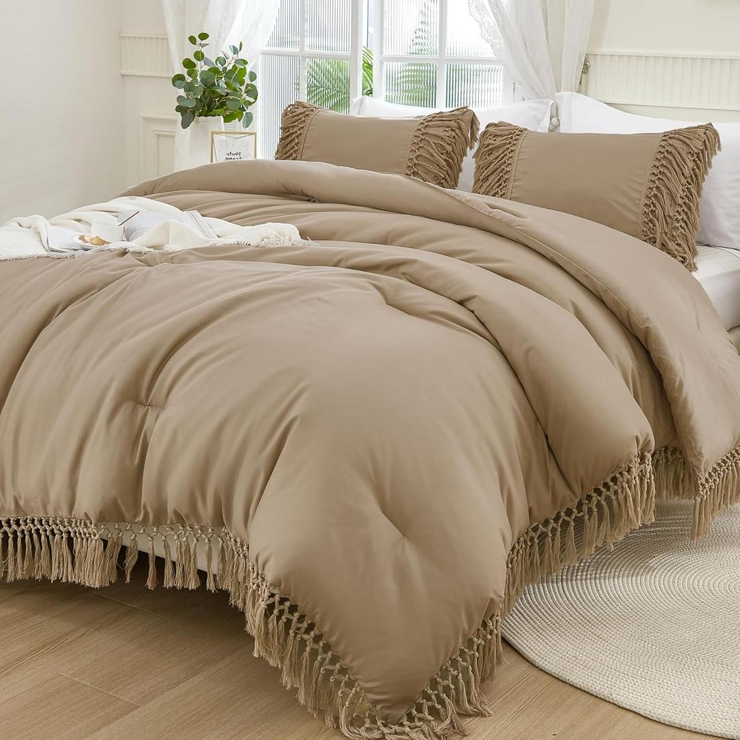 Andency Taupe Comforter Set King, 3 Pieces Boho Tassel Lightweight Soft Bedding Comforter Sets for King Bed, All Season Fluffy Fringe Bed Set (104x90In Comforter & 2 Pillowcases)