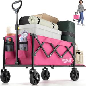 OVERMONT Collapsible Wagon with Tailgate - 220lbs Extended Lightweight Foldable Utility Wagons Folding Cart with Wheels - Small Garden Grocery Cart for Shopping,Grocery,Sports,Garden (Pink)