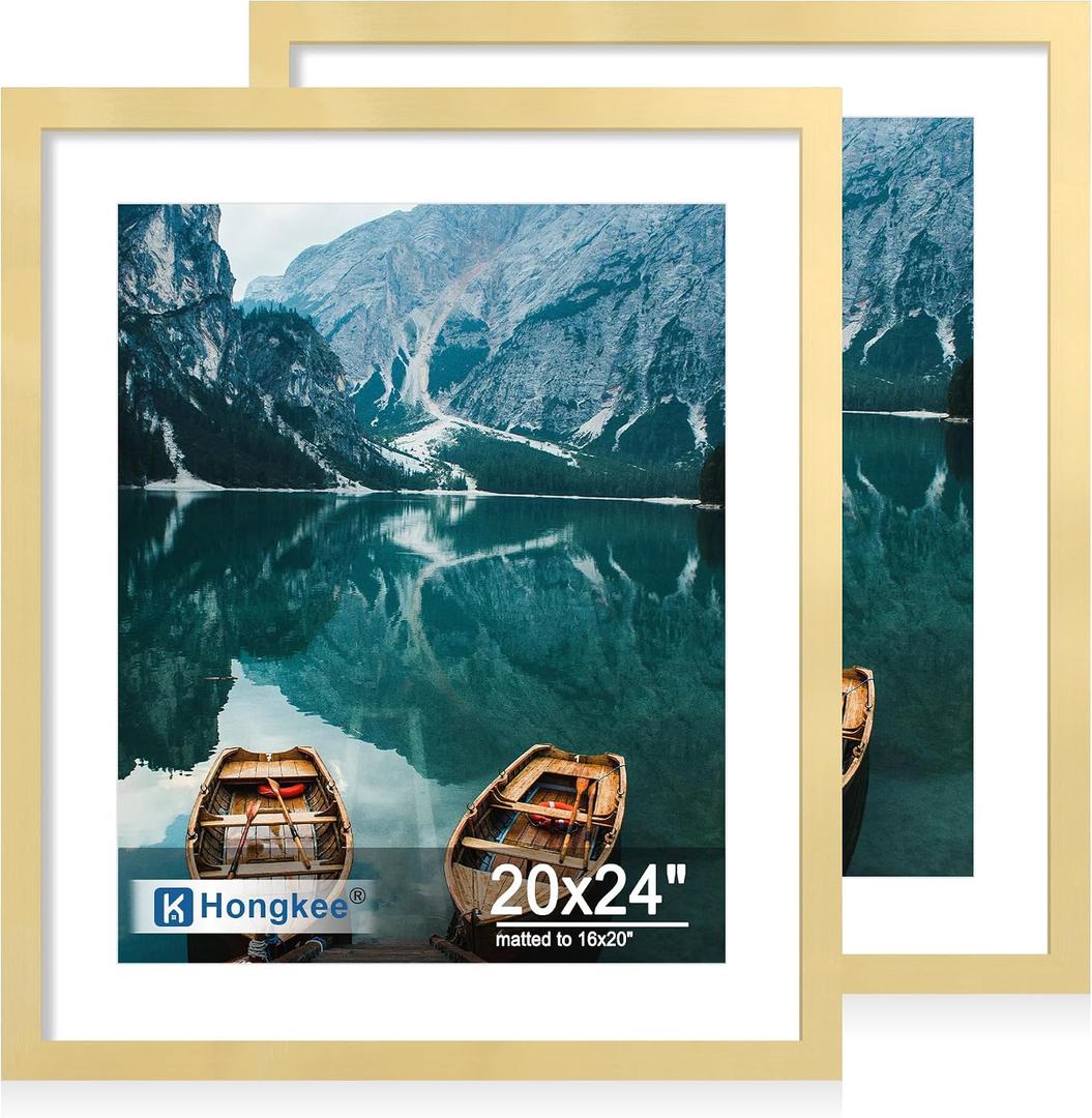 Hongkee 20x24 Frame Set of 2, Gold Wood Style - Display 16x20 Picture with Mat or 20 x 24 Poster without Mat, Wall Mounting Horizontal and Vertical