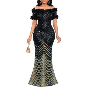 dasmzper Women Sexy Sequin Off Shoulder Ruffle Short Sleeve Bodycon Mermaid Party Formal Evening Maxi Dress L