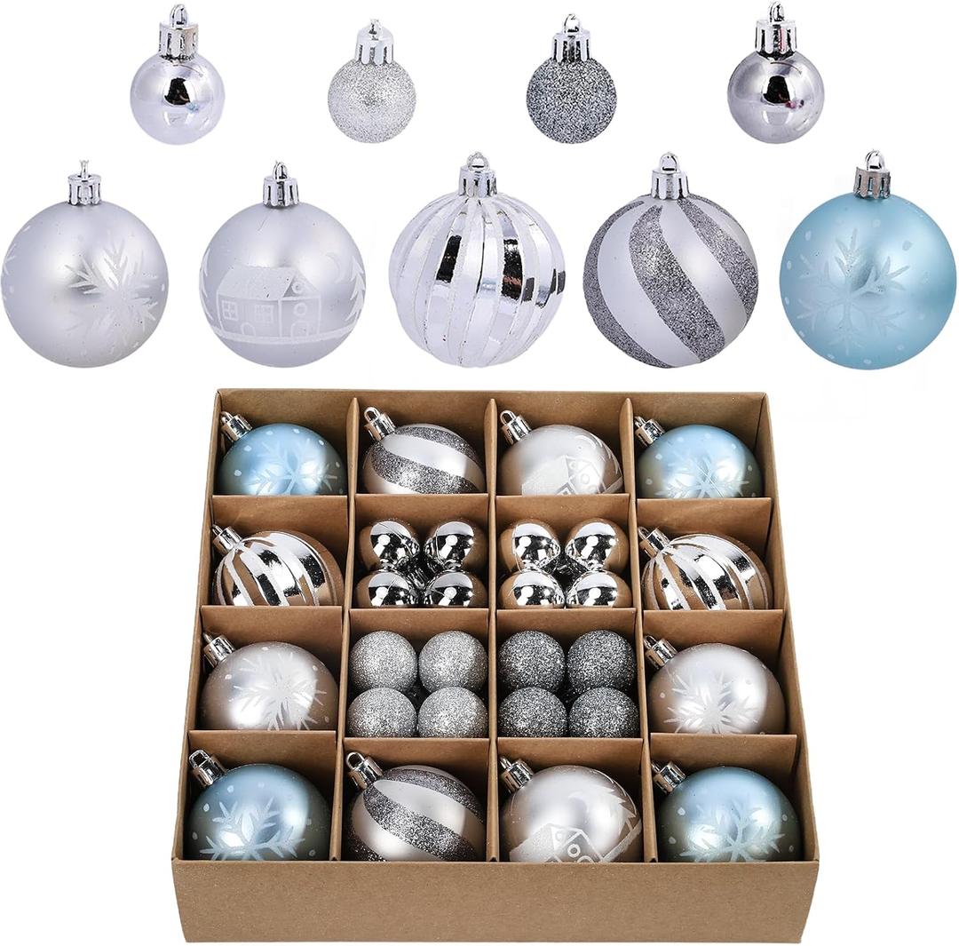 44Pcs Christmas Ball Blue and Silver Christmas Ornaments Set for Valentine's Day Backyard Holiday Wedding Party Decor with 12 pcs 2.36 Large and 32 pcs 1.18 Mini Christmas New Year Decorations Balls