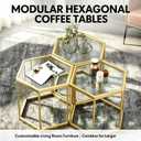 Hexagonal Modular Coffee Table, Gold Plated Frame, Tempered Glass Top, Geometric Accent Side Table, Multi-Purpose Nesting Table for Living Room Bedroom, Set of 1, 1 Piece