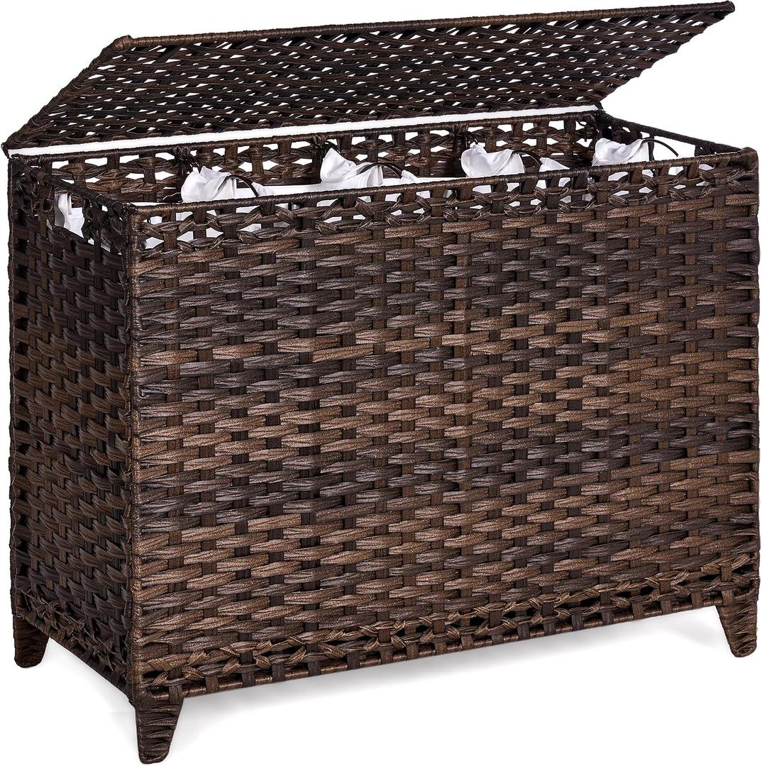 Laundry Hamper with 4 Removable Liner Bags; 176L Handwoven Rattan Laundry Basket with Lid & Heightened Feet; Clothes Hamper with Side Handles, 176L-4 Section, Brown