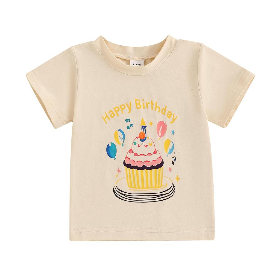 Happy Birthday Girl Boy T-Shirt One/Two/Three/Four/Five/Six Year Old Tee Shirt Toddler Cake Smash Outfit for Kids (Yellow Cake, 4-5 Years) (Beige)