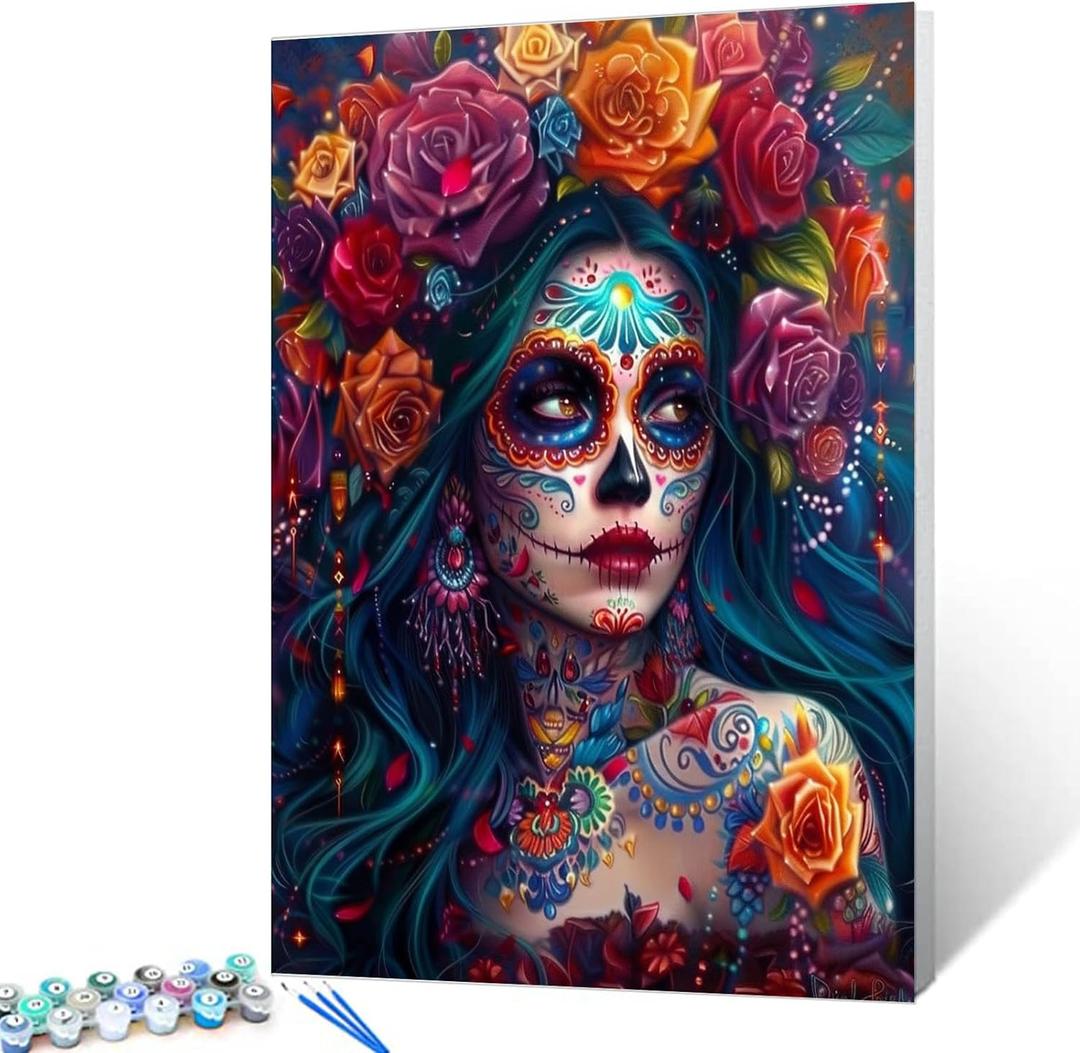 Skeleton Makeup Paint by Numbers Kits for Adult Day of The Dead Halloween Woman Painting Kits Sugar Skull Paint by Numbers Kits on Canvas Perfect for Gift Home Wall Decor Without Framed 16''W x 20''H (Skull Girl-04)