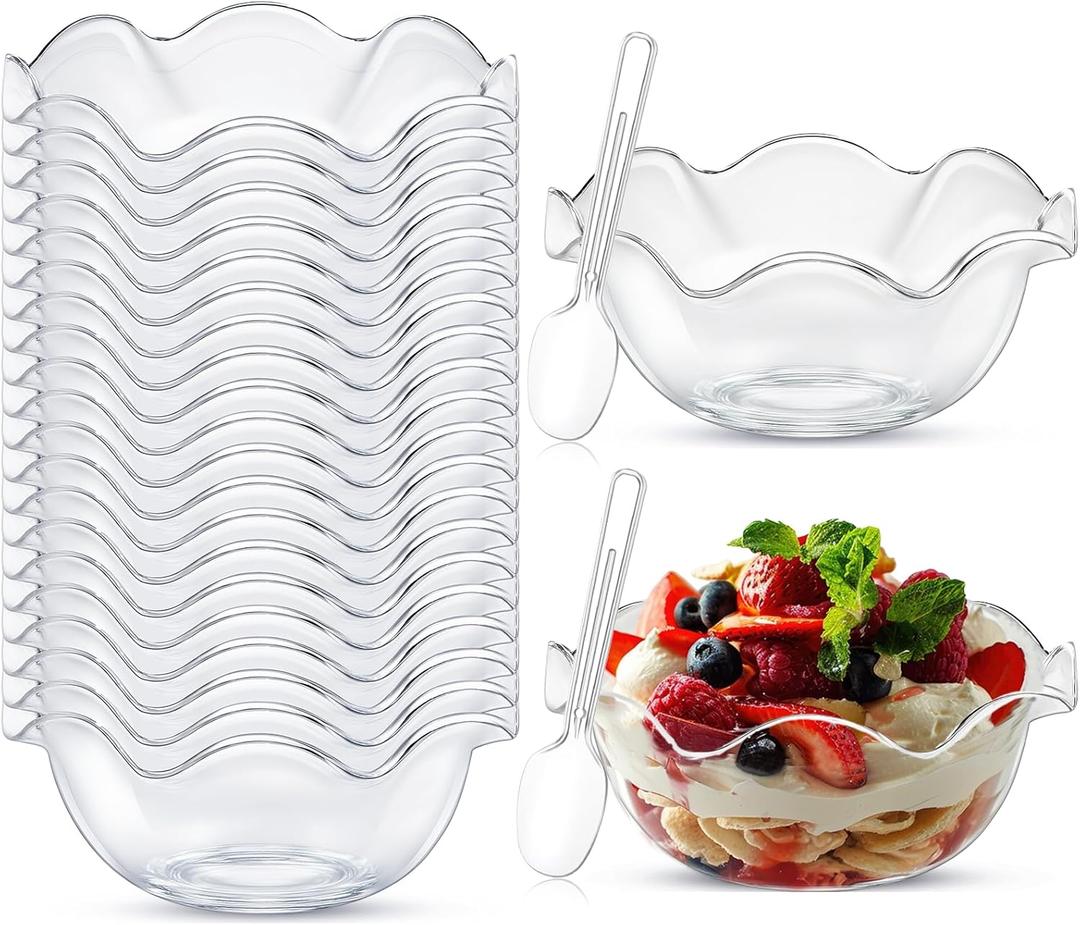 Newtay 50 Pack 5oz Small Plastic Dessert Cups with Spoon Ice Cream Bowls Birthday Christmas Wedding Party Disposable Buffet Serving Cups for Nuts, Salad, Fruit, Snacks and Yogurt (Flower, Clear)