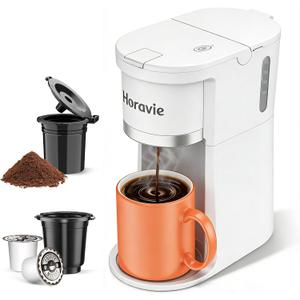 Horavie Small Single Serve Coffee Maker, Fast Brew One Cup Coffee Machine for K Cup and Grounds, 6 to 12 oz. Brew Sizes, Capsule Coffee Machine with Descaling Reminder and Viewing Tank, White