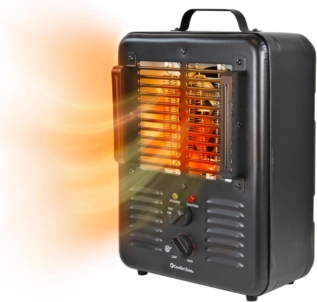 Comfort Zone 1500W Milkhouse Style Utility Space Heater Portable Workshop & Garage Electric Heater with Adjustable Thermostat, 2 Heat Settings & Fan All-Metal Housing & Safety Tip-Over Switch