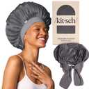 Kitsch XL Satin Bonnet for Sleeping - Softer Than Silk Bonnet For Sleeping Women - Secure Fit, Adjustable, Night Cap For Curly & Textured Hair - Prevents Breakage, Tangles & Thinning - Charcoal