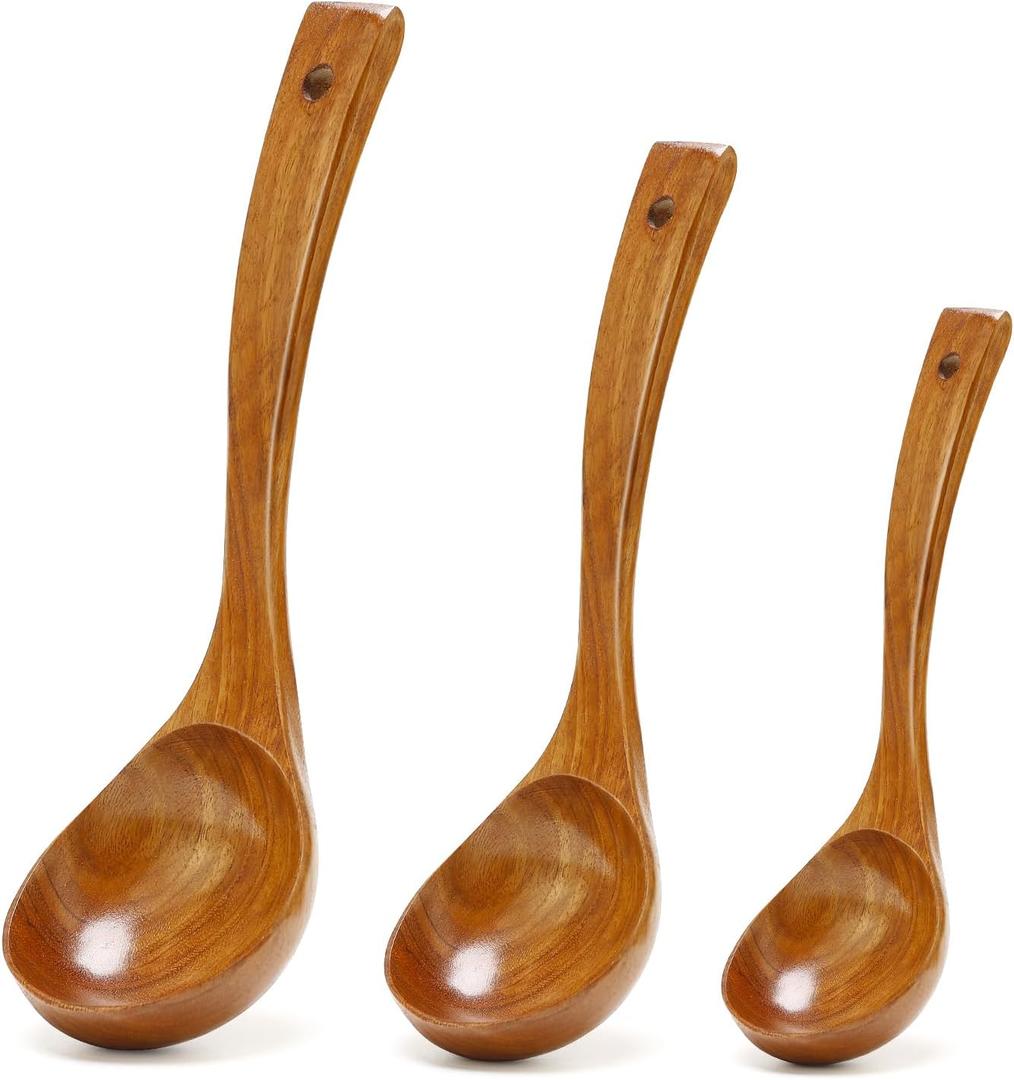 3 Pack Wooden Ladles for Serving Spoon Soup Ladle Wood Spoons for Cooking Ladel Large Bamboo Kitchen Tools Ladles Big Spaghetti Spoon Laddle Non Toxic Soup Spoons Teak deep Ladle