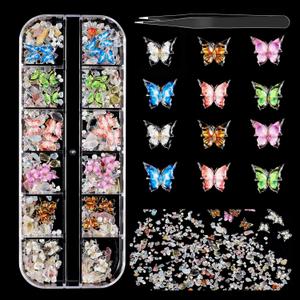 12 Grids Resin Butterfly Nail Charms Gems Kit 3D Mix Assorted Color Butterflies Shape Small Diamonds Shiny AB Color Butterfly Nail Designs with Tweezers for Nail Art Decoration DIY Accessories (927)