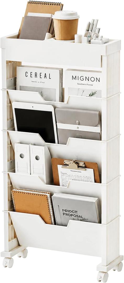 5-Tier Rolling Bookshelf, Rolling Book carts with wheels,Book Storage Rack