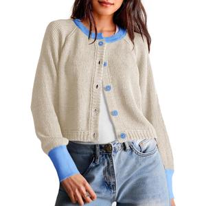 Saodimallsu Womens Cropped Cardigan Sweaters Button Down Open Front Long Sleeve Fall Trendy Color Block Knit Coats (Medium, Apricot)