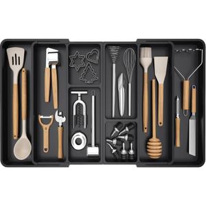 Lifewit Large Utensil Organizer for Kitchen Drawer, Expandable From 21 to 36 Inches, Adjustable Cooking Silverware Tray, Plastic Cutlery Flatware Holder, Spatula Tools Gadgets Storage Divider, Black (Black)