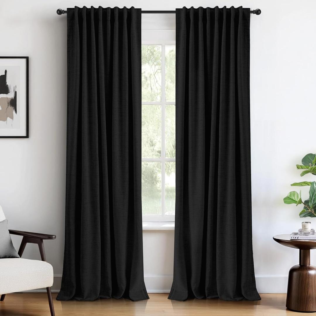 INOVADAY 100% Blackout Curtains 84 Inches Length 2 Panels Set, Back Tab/Rod Pocket Linen Black Out Curtains for Bedroom, Thermal Insulated Window Drapes - Black, W50 X L84