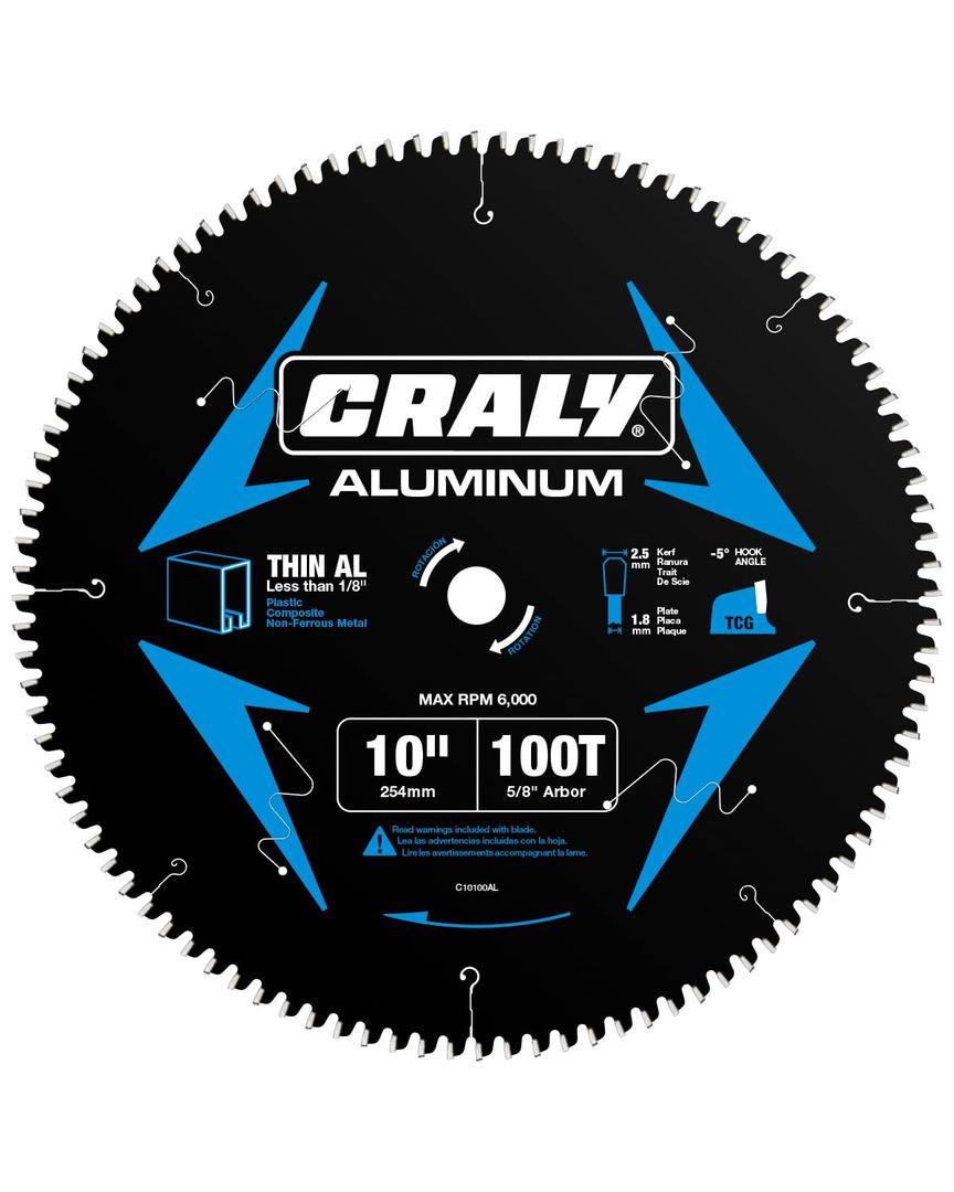 CRALY 10 Inch 100 Teeth Aluminum and Non-Ferrous Metal Cutting Circular Saw Blade, 5/8 Inch Arbor, Carbide Tipped, Thin Kerf, Black Ice Coating, for Thin Aluminum, Plastic, Composite(C10100AL)