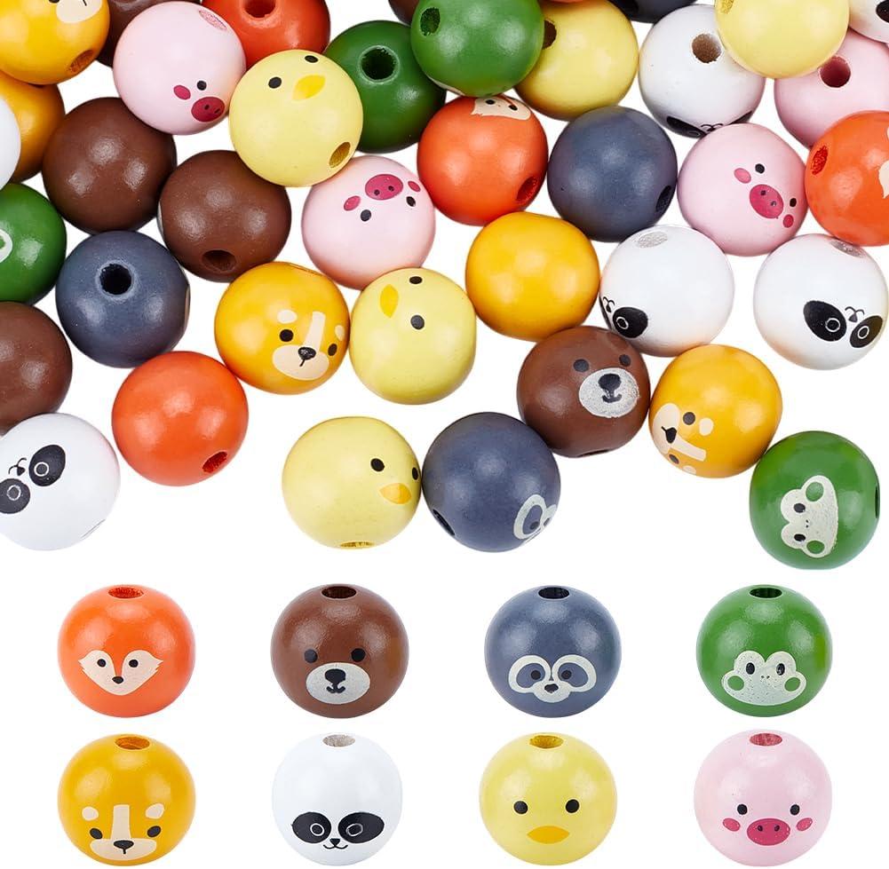 PH PandaHall 80PCS Animal Printed Wood Beads, 8 Style 19mm Wooden Farmhouse Animals Beads with Dog Pig Fox Bear Frog Pattern Round Wood Bead for DIY Jewelry Making Christmas Decorations 5mm Hole
