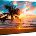 Sunset Ocean Wall Art Tropical Palm Tree Canvas Picture for Living Room Bedroom Coastal Beach Landscape Wall Decor Bathroom Nature Sea Waves Poster Seascape Artwork Home Bedroom Decoration 32x48