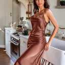 Ekouaer Womens Satin Nightgown Sexy Lingerie Sleepwear Spaghetti Strap Cowl Neck Elegant Long Slip Satin Silk Midi Dress (Brown, L)