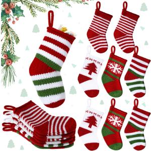 8 Pcs Mini Christmas Stockings 2 x 5 Knit Stocking Small Xmas Baby Christmas Hanging Stocking Stripe Snowflake Pine Tree Xmas Tiny Stocking Set for Christmas Tree Gift Ornaments Decor