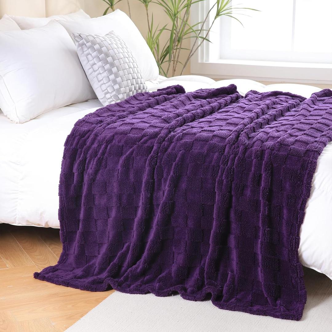 Deep Purple Fleece Throw Blanket 60x80 for Couch Sofa Bed,Super Soft Cozy Plush Microfiber Flannel Blanket with 3D Checkered Design Lightweight for Adults,Woman,Girls
