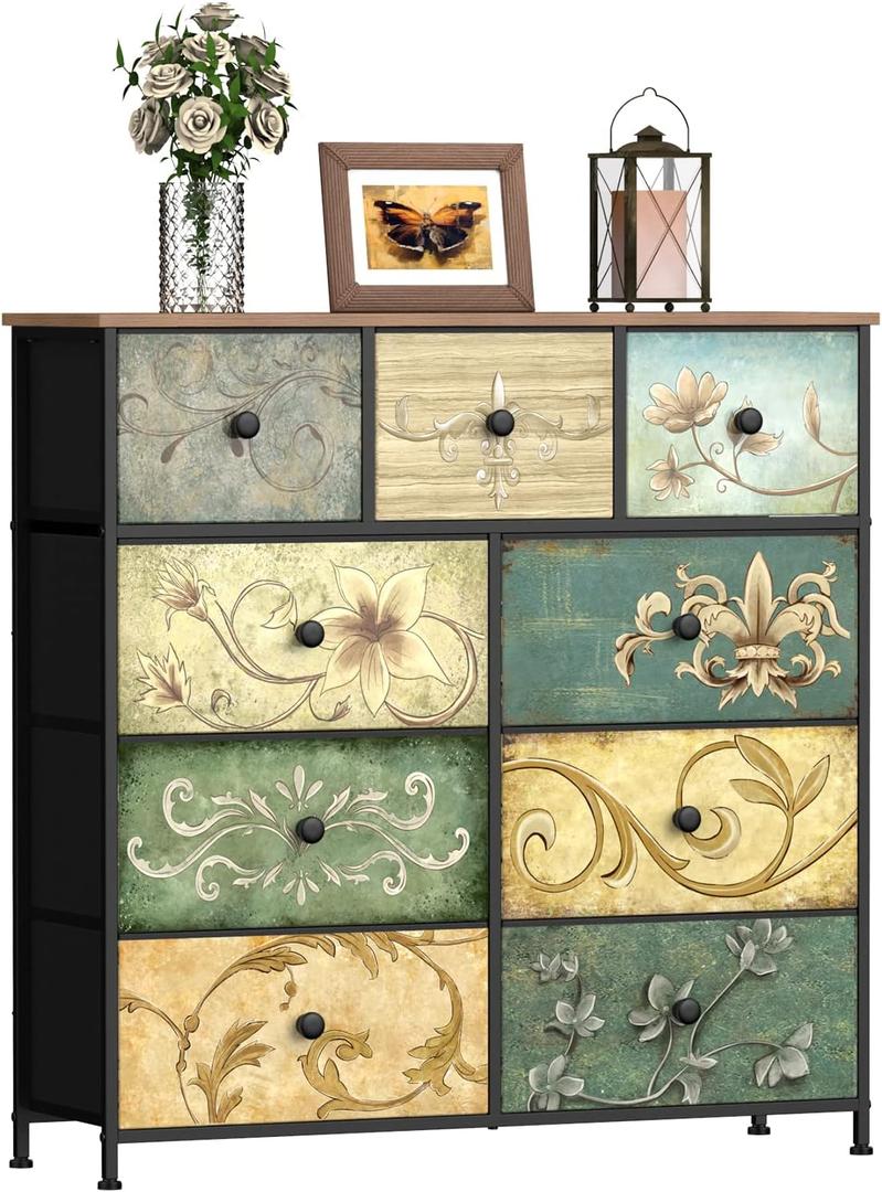 Tohomeor Dresser with Drawers for Bedroom Chest of Drawers Fabric Dresser for Closet,Nursery Entryway Hall Tree TV Stand for Living Room Retro Floral Pattern Drawers Wooden Top (9 Drawers), 11.8"D x 39"W x 39.4"H