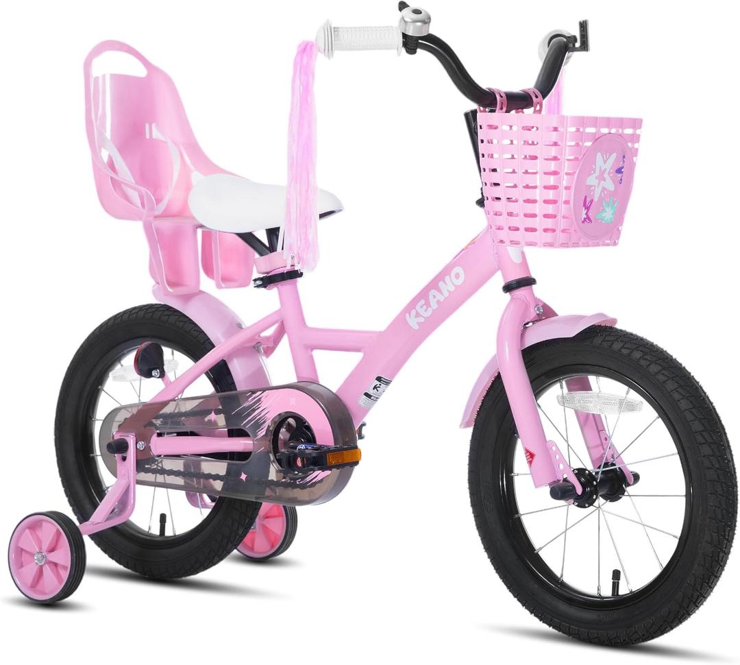 KEANO Zinnia 16 Inch Kids Bike for Girls Ages 4-6 Years, 16 Inch Girls' Bikes with Training Wheels, Streamers, Basket and Doll Seat, Children Bicycles Pink
