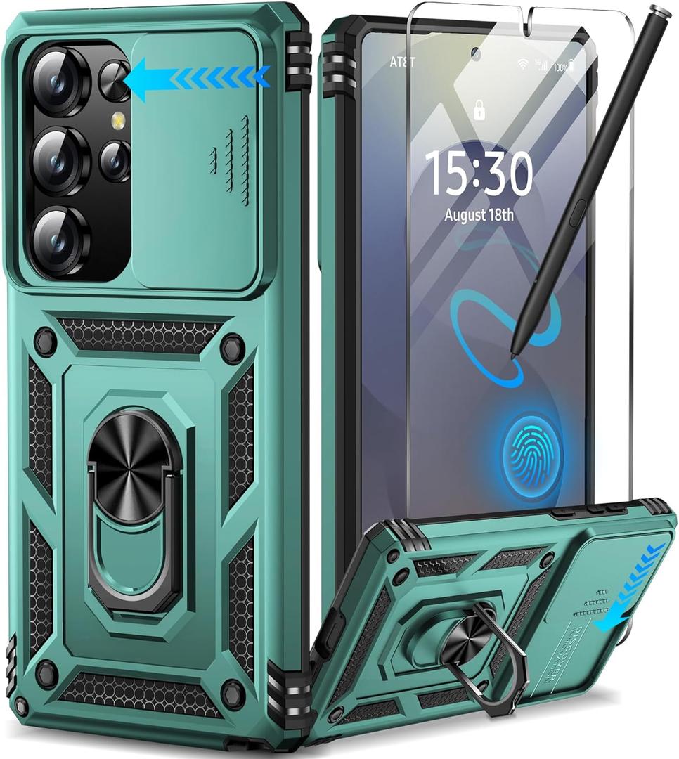Taisairu for Samsung Galaxy S25 Ultra Case with Screen Protector & Slide Camera Lens Cover, Built-in Magnetic Ring Stand Shockproof Protective Phone Case for Samsung S25 Ultra Case (Green)