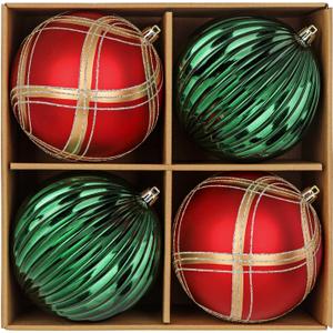4.7" Large Plastic Christmas Balls Ornaments Set of 4, Glitter Shatterproof Christmas Bulbs Ornaments for Xmas Tree Decorations, Red and Green Ornament for Tree, Mantel, Garland, Winter, Holiday Decor