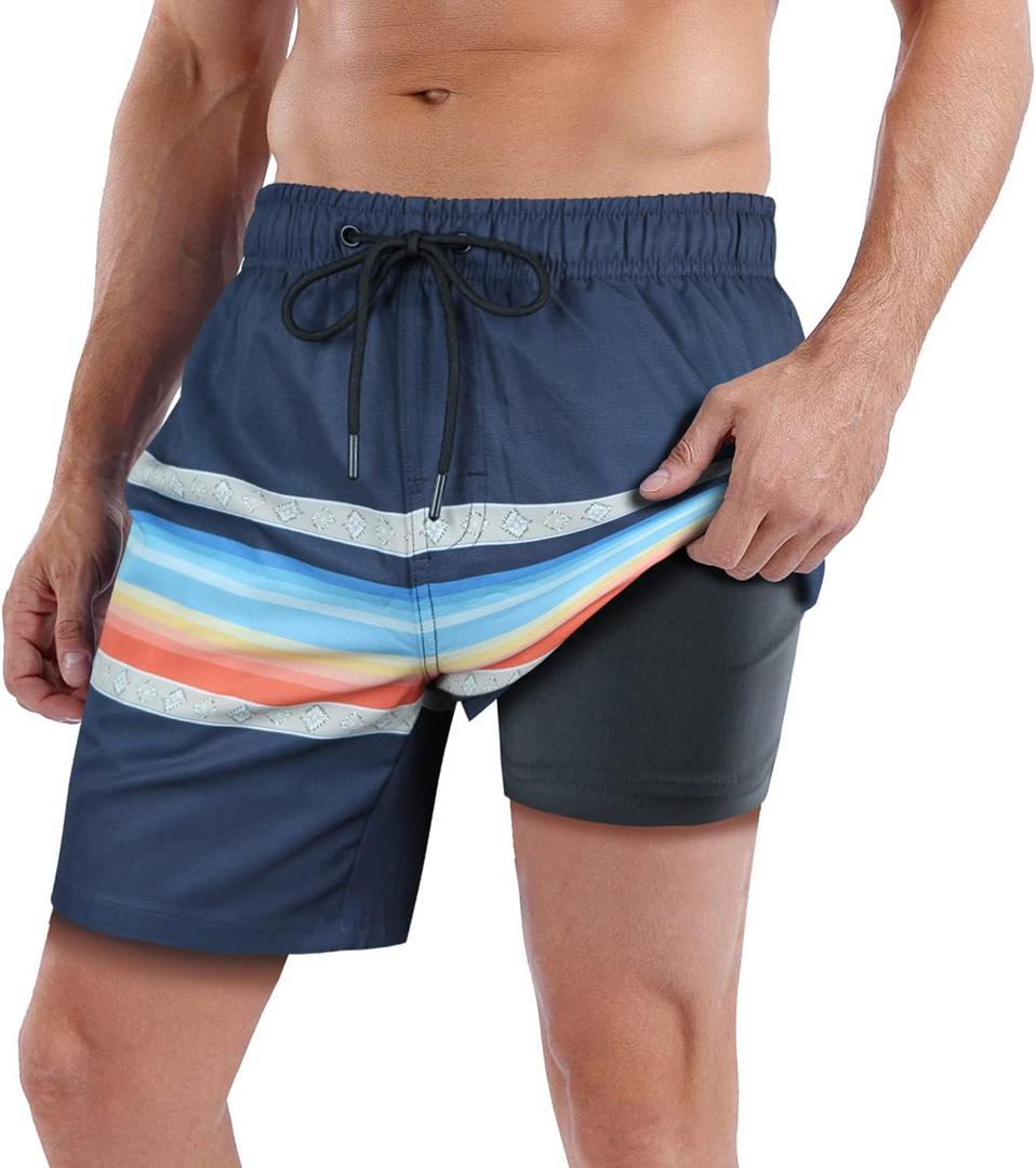 QRANSS Mens Swim Trunks with Compression Lined 7'' Swim Shorts Quick Dry Swimwear Boardshorts with Boxer Brief Liner (Small, Grayantique)