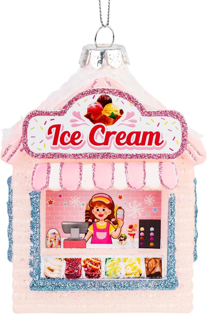 Hanging Christmas Ornaments 2025, Handcrafted Glass Blown Xmas Tree Decorations Holiday Ornaments Funny Gifts Collectible Winter Festival Decor for Home Party, Ice Cream Parlor