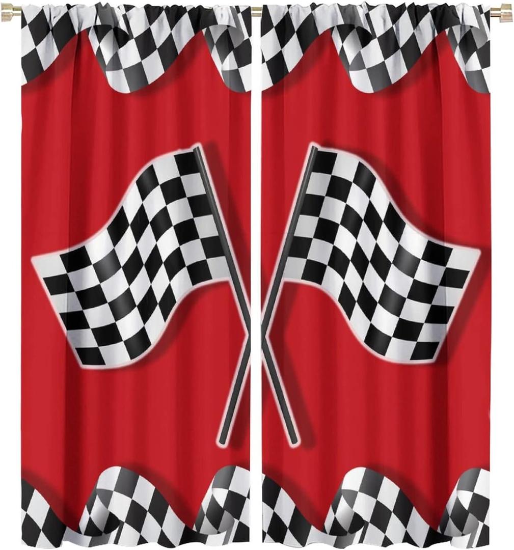 Race Car Blackout Curtains for Bedroom - Racing Car Flag Game Theme Racecar Checkered Flag Window Treatment,Rod Pocket Room Darkening Curtains 2 Panels 63L x 27.5W